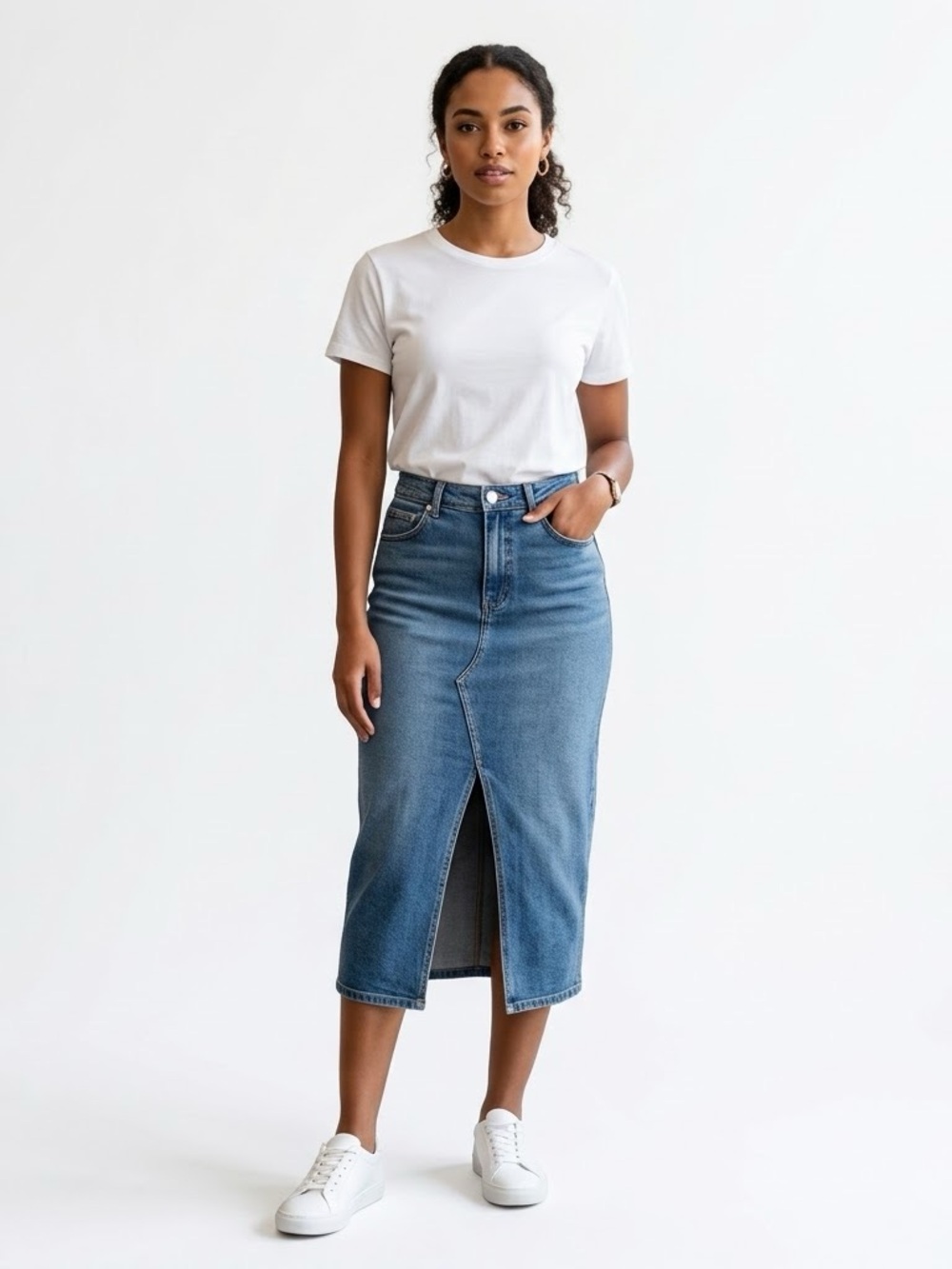 Mavi Cotton Stretch Denim Midi Skirt Front Slit Size 31